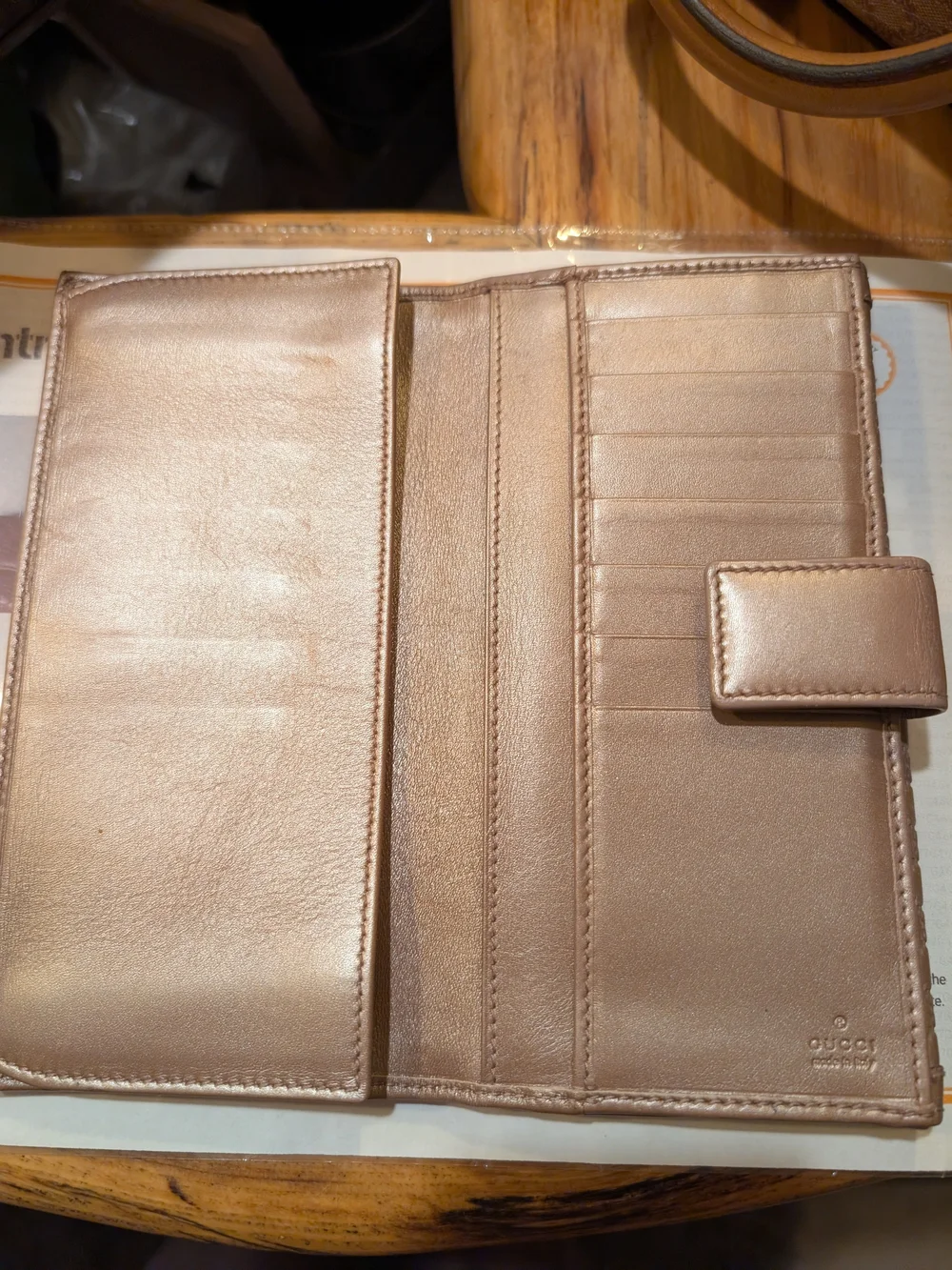 Gucci Metallic Rose Gold GG Continental Wallet & COA, Chain